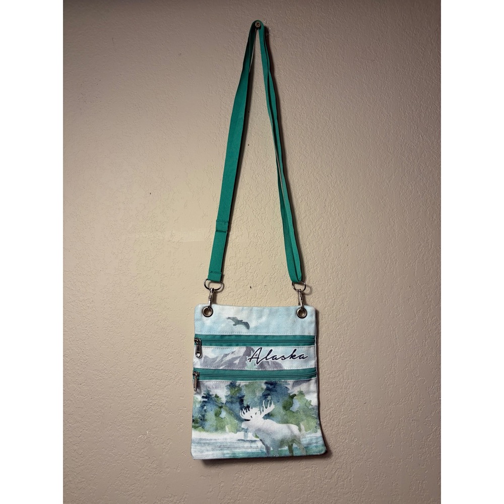 Alaska Souvenir Canvas Crossbody Bag‎ Moose Mountain Print Teal Strap Small